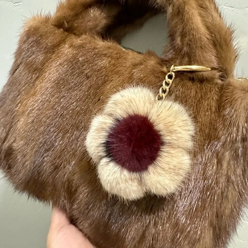 Handmade Real Muskrat Fur Top Handles Satchel With Mink Fur Flower Bag Charm